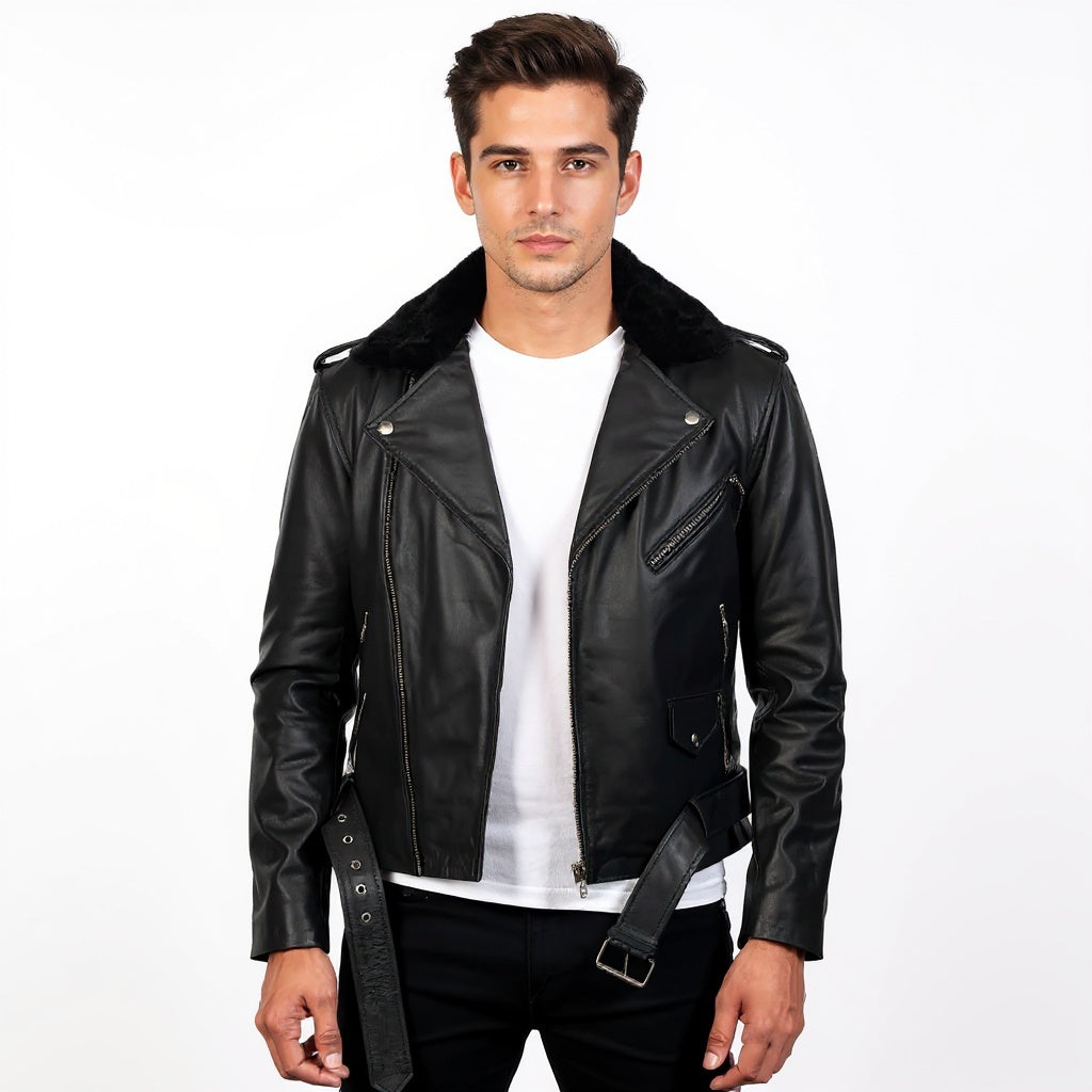 Man wearing a black leather jacket on a white background