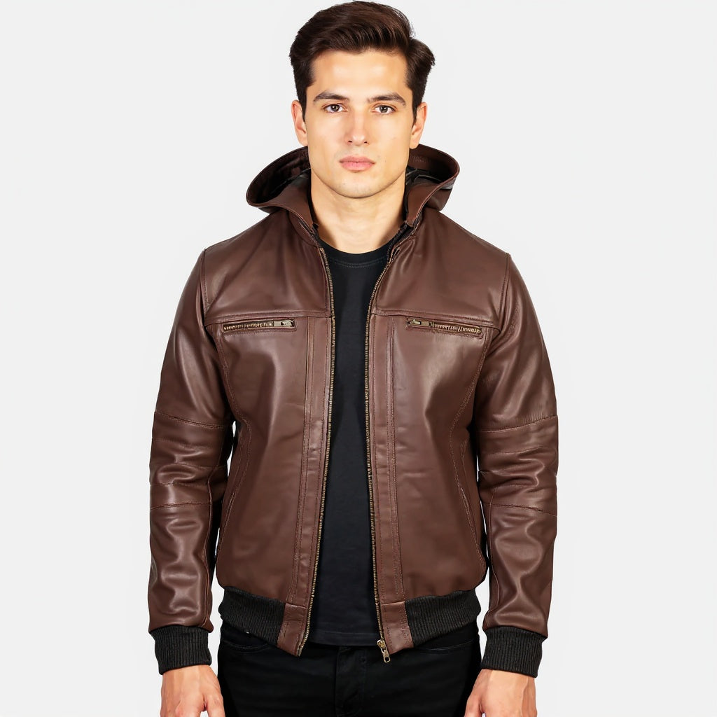 Man wearing a brown leather jacket on a white background