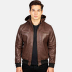 Man wearing a brown leather jacket on a white background