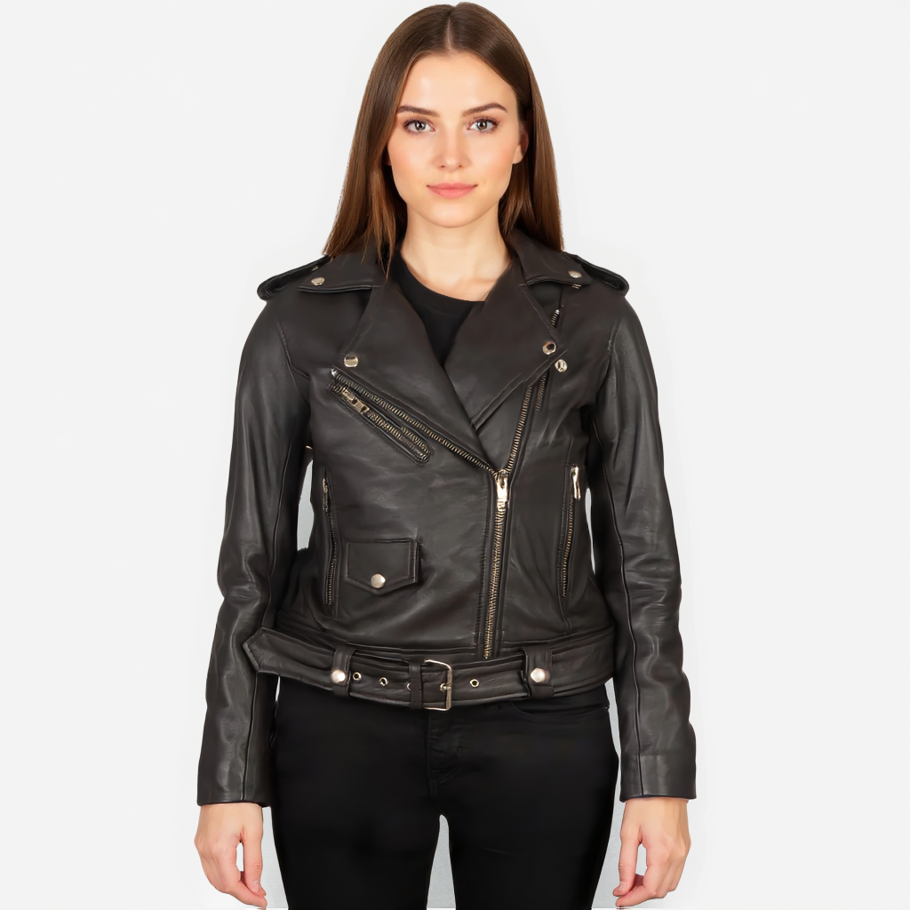 Black leather jacket worn by a model on a white background