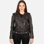 Black leather jacket worn by a model on a white background