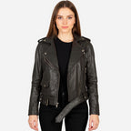 Woman wearing a black leather jacket on a white background