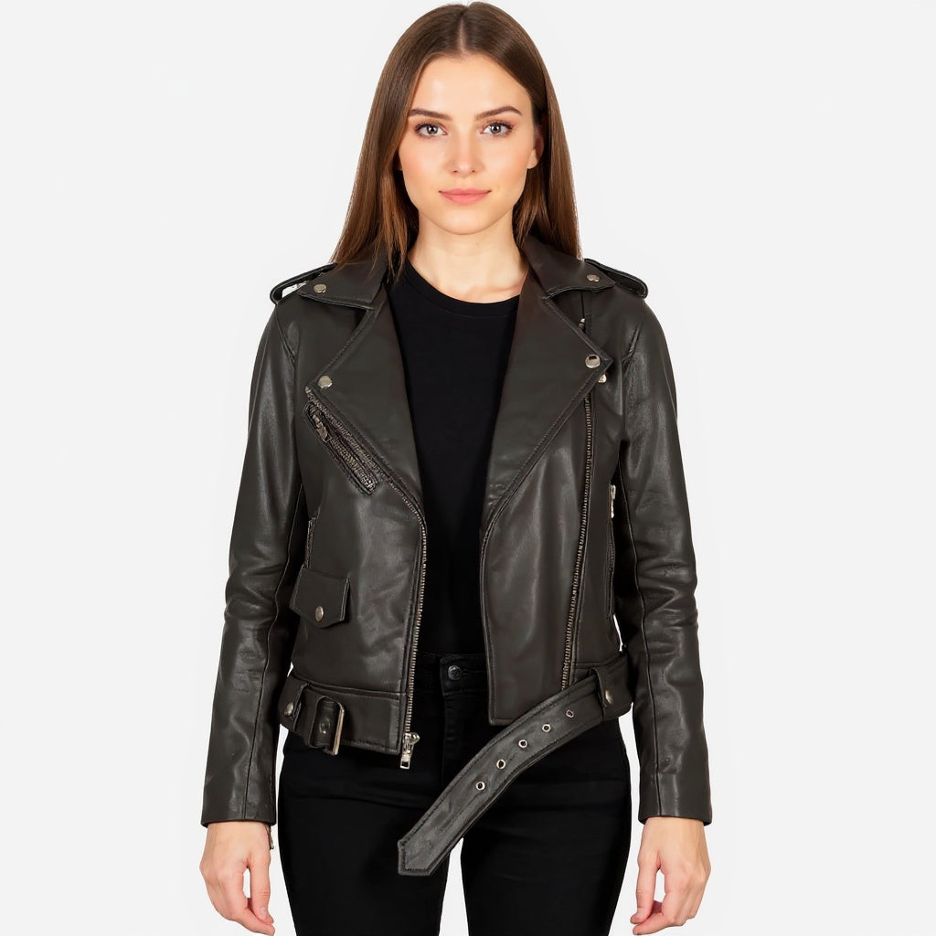 Woman wearing a black leather jacket on a white background