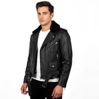Man wearing a black leather jacket on a white background