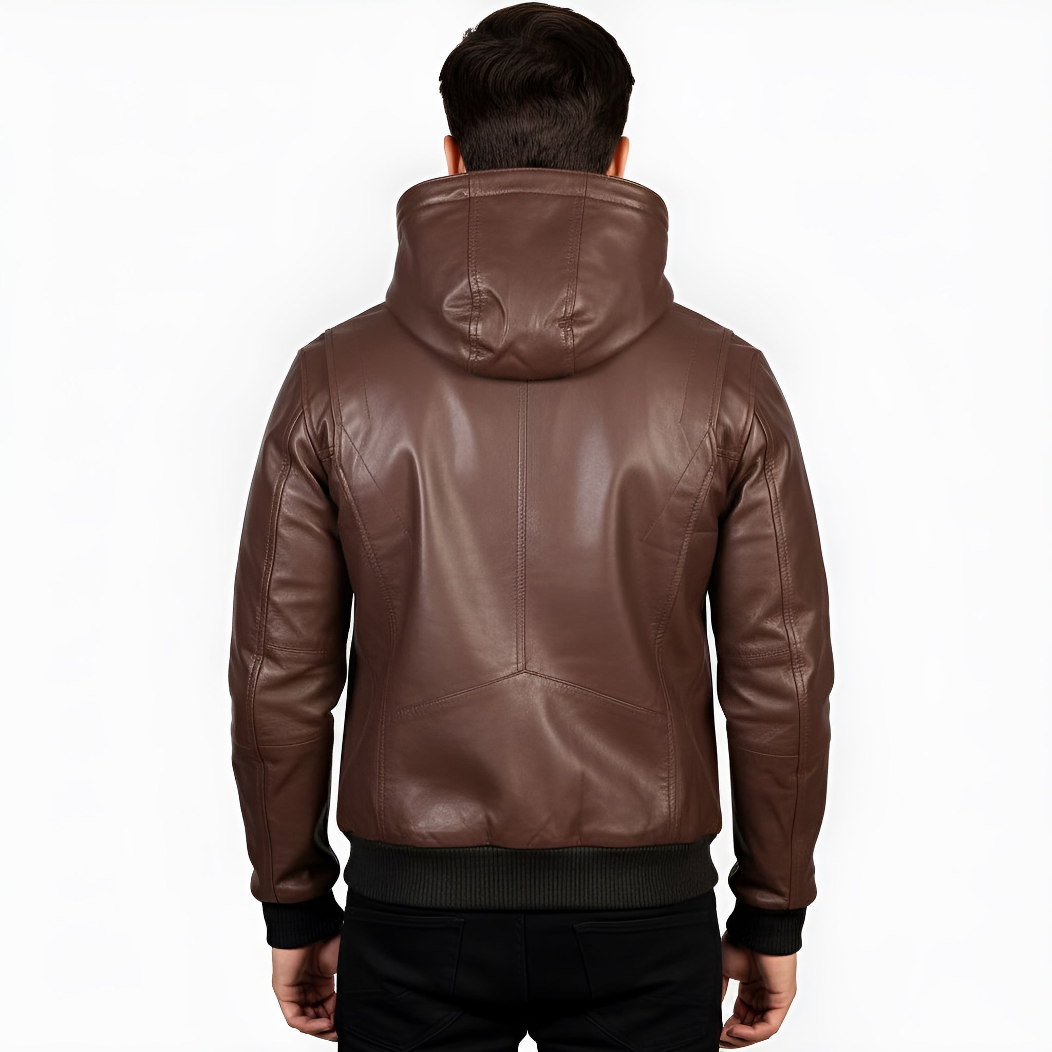 Brown leather jacket worn by a person on a white background