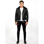 Man wearing a black leather jacket on a white background