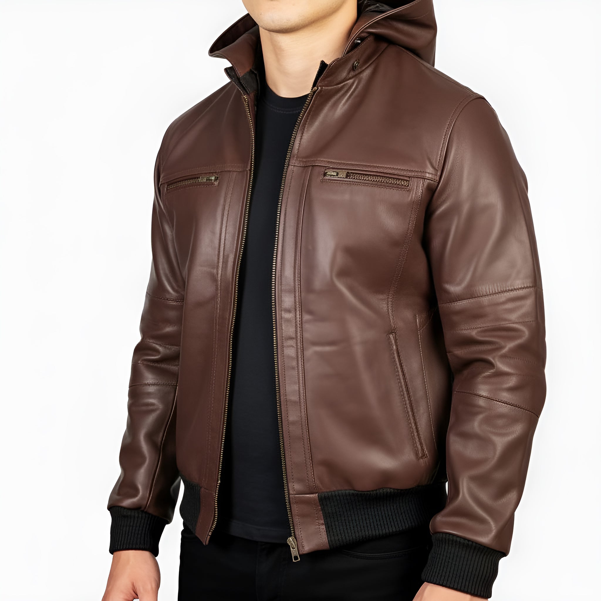 Brown leather jacket worn by a person on a white background