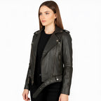 Woman wearing a black leather jacket on a white background