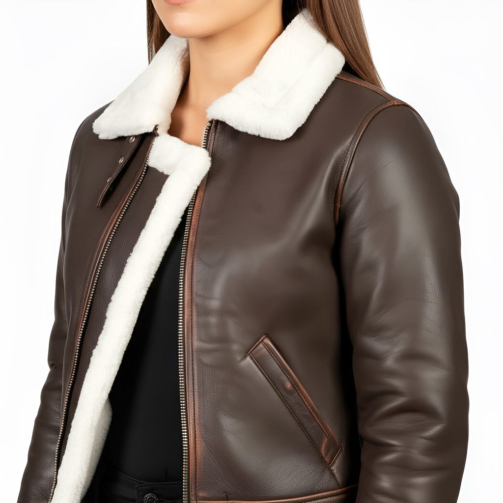 Brown leather jacket with white fur lining on a white background