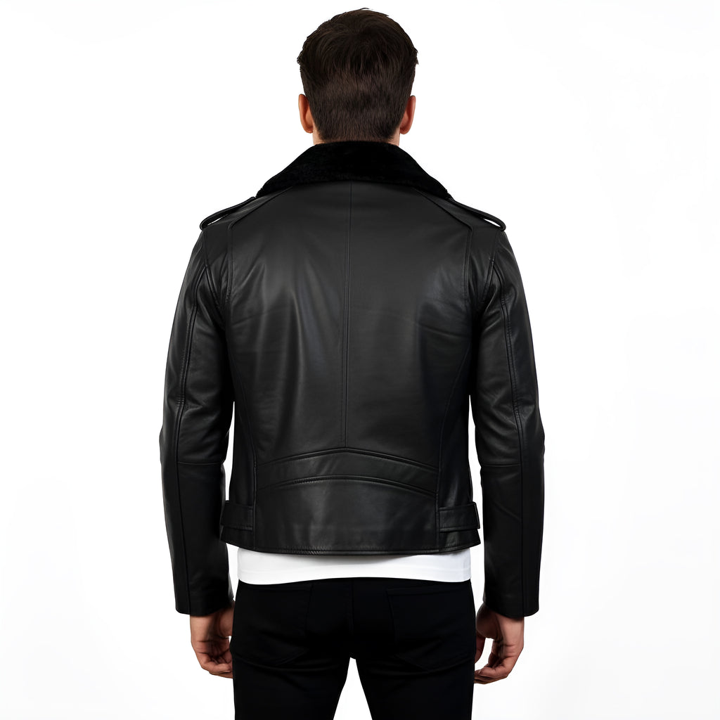 Black leather jacket worn by a person on a white background
