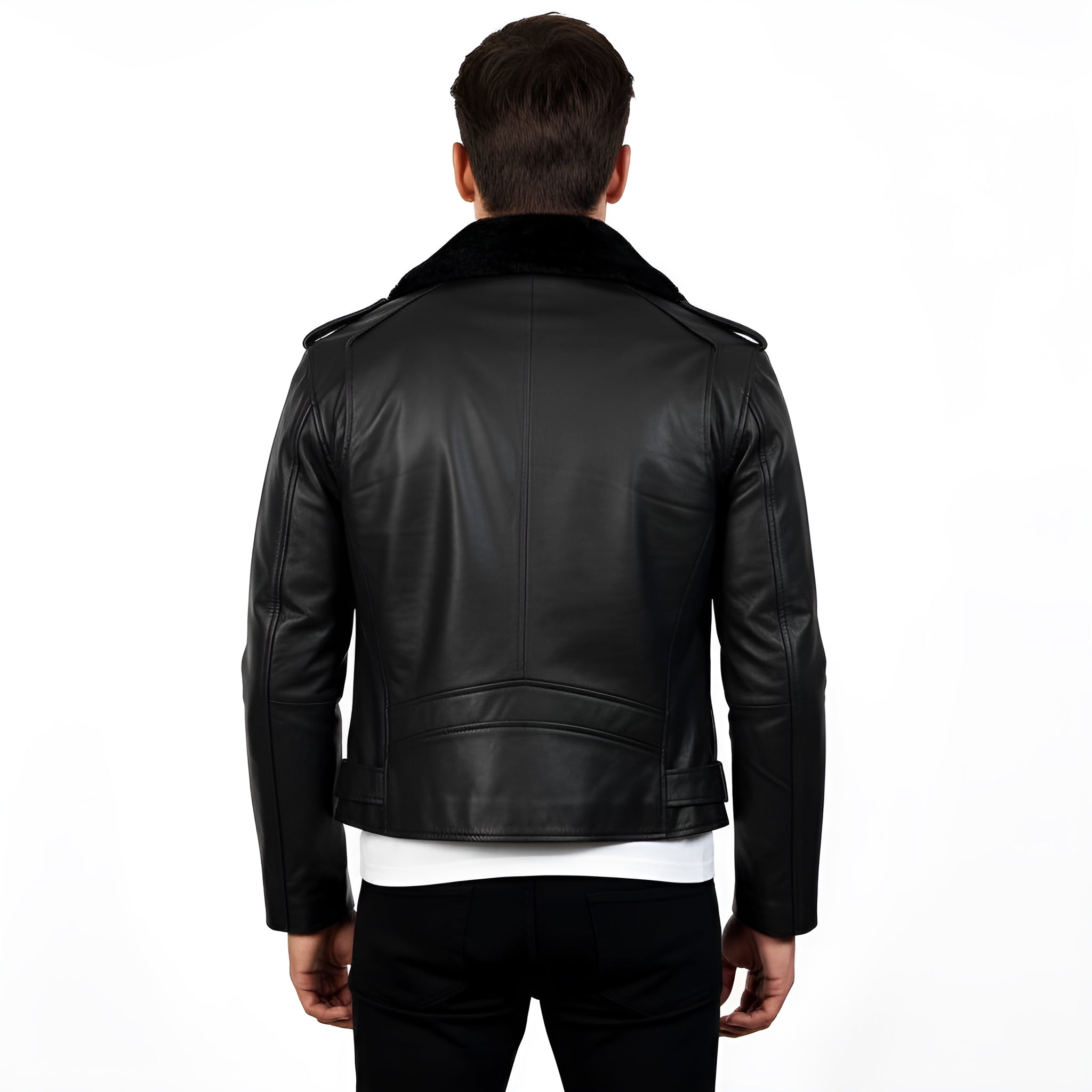 Black leather jacket worn by a person on a white background