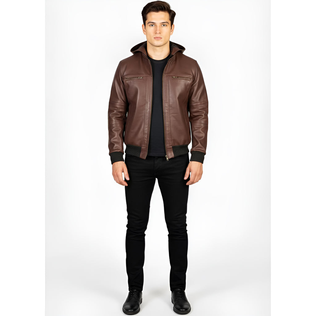 Man wearing a brown leather jacket on a white background