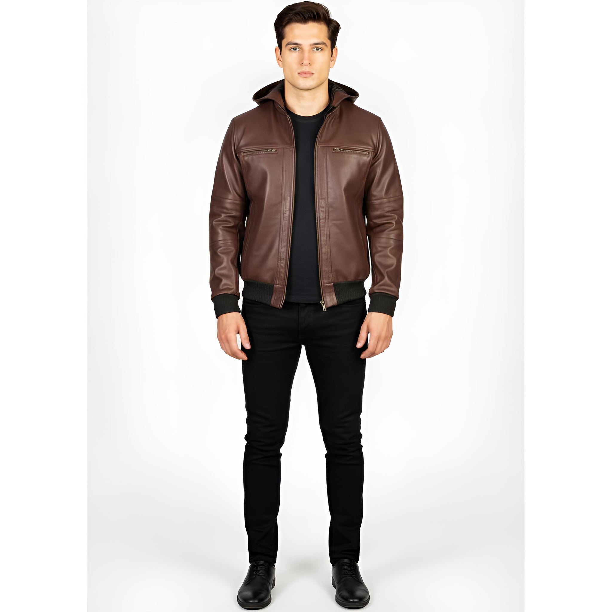 Man wearing a brown leather jacket on a white background