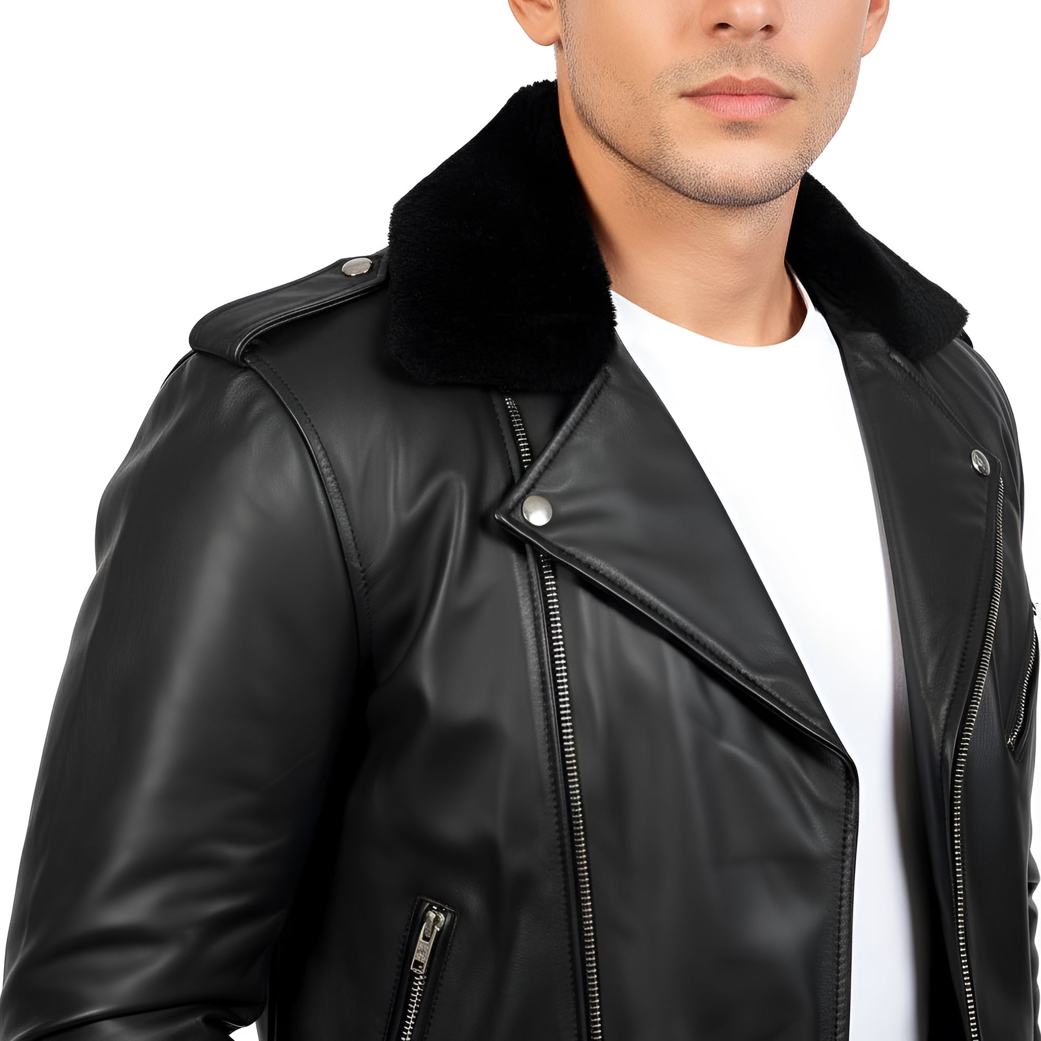 Black leather jacket with fur collar worn by a person on a white background