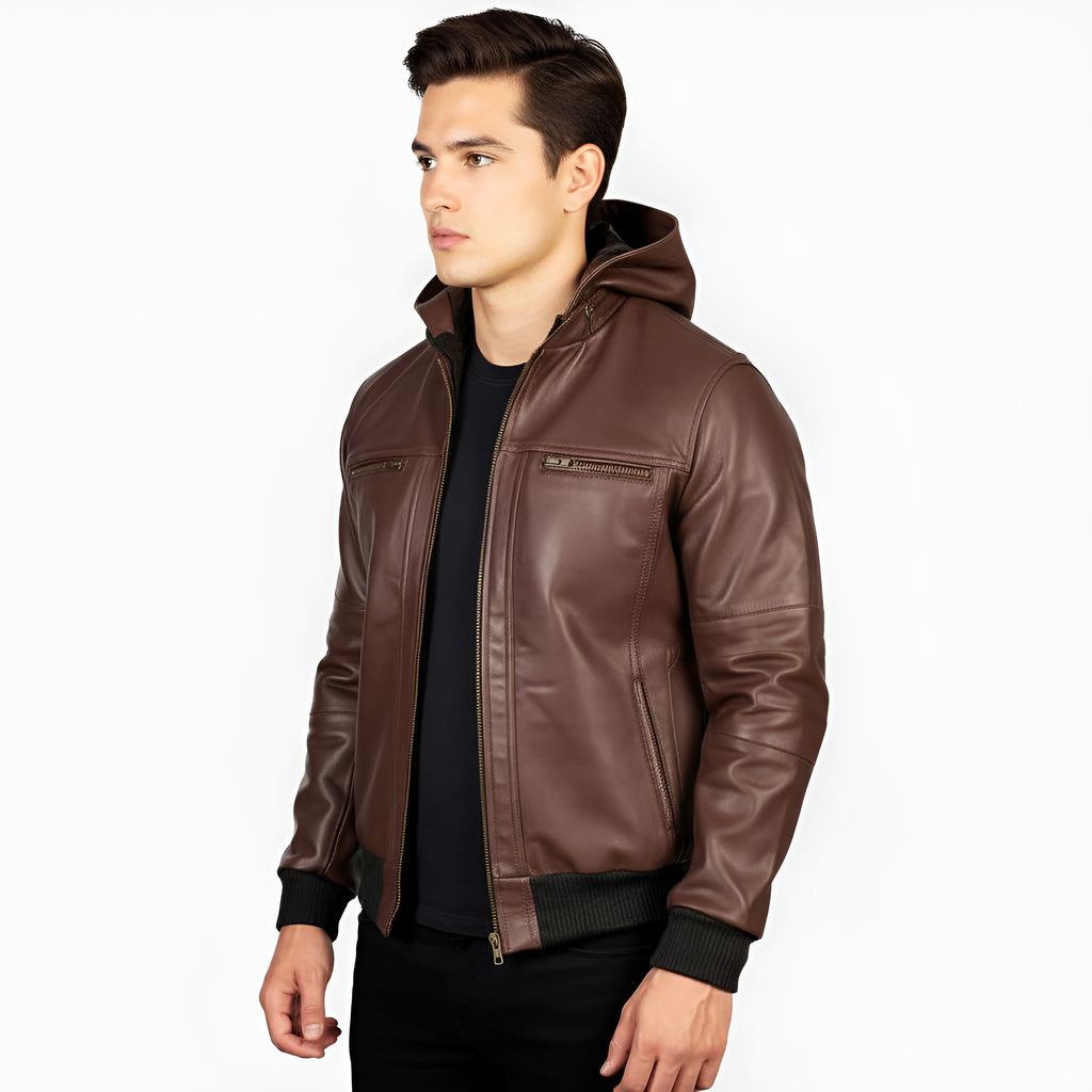 Man wearing a brown leather jacket on a white background