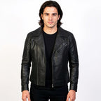 Man wearing a black leather jacket on a white background