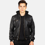 Man wearing a black leather jacket on a white background