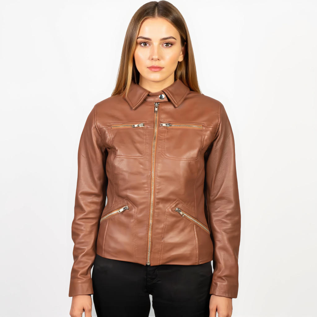 Woman wearing a brown leather jacket on a white background