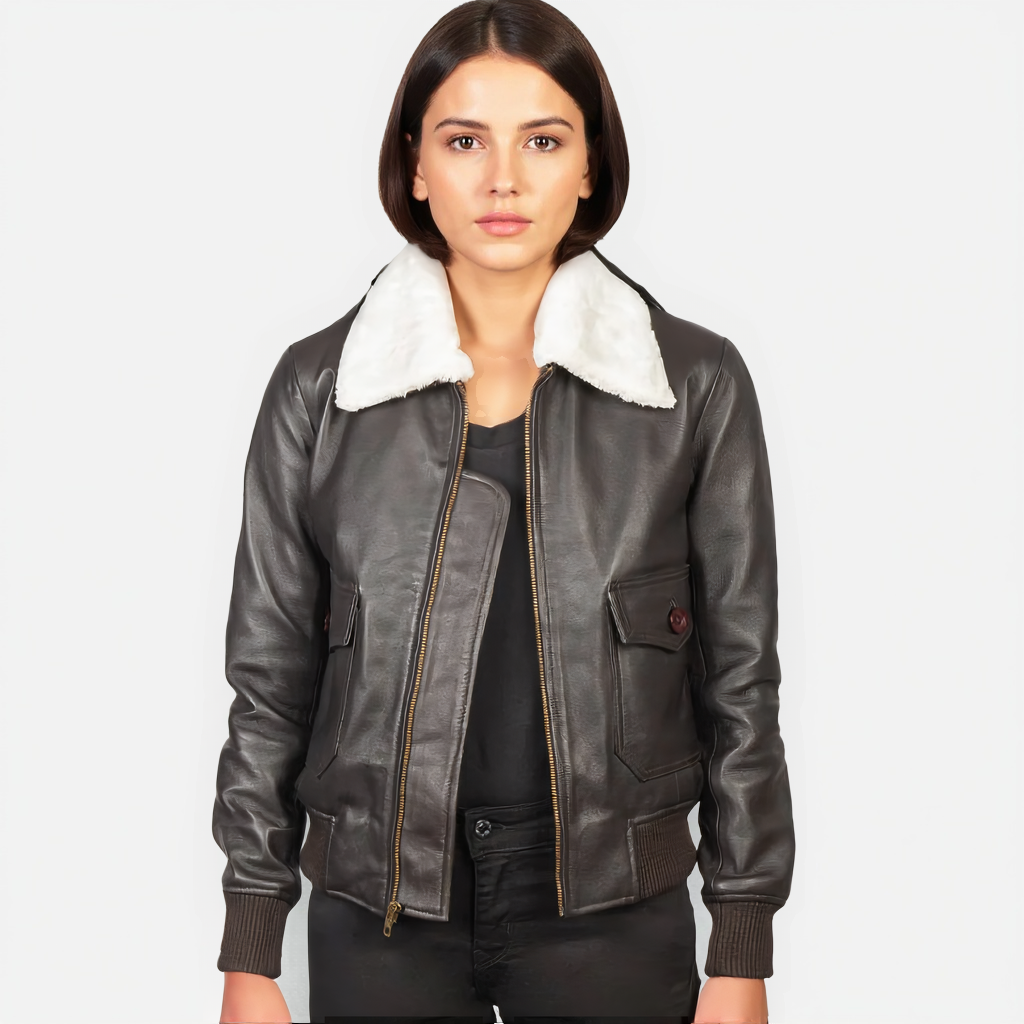 Woman wearing a dark leather jacket with white fur lining on a plain background