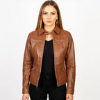 Woman wearing a brown leather jacket on a white background