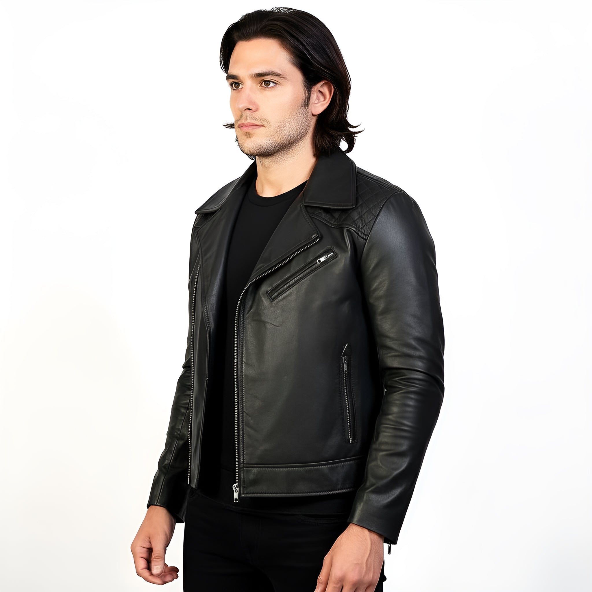Man wearing a black leather jacket on a white background