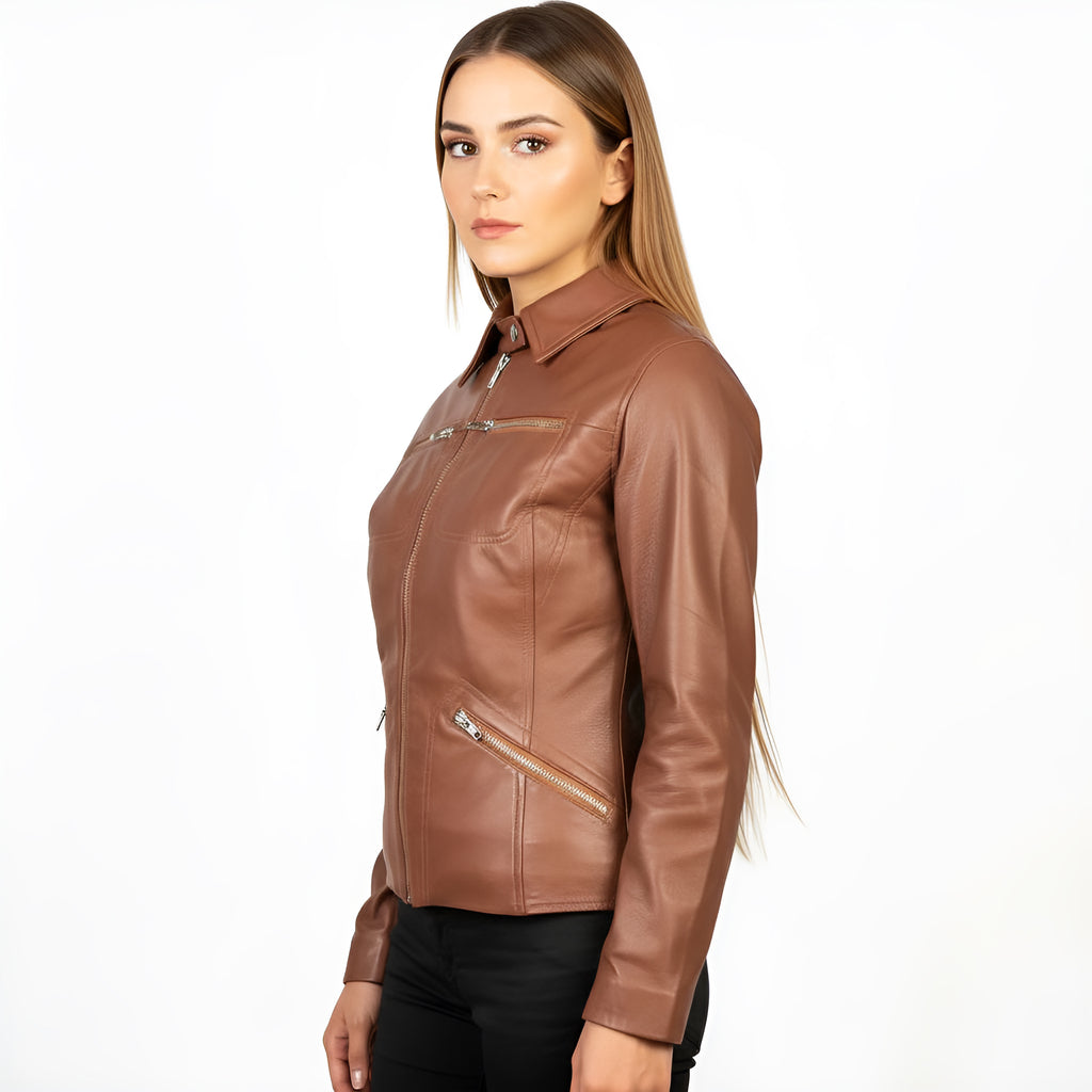 Woman wearing a brown leather jacket on a white background