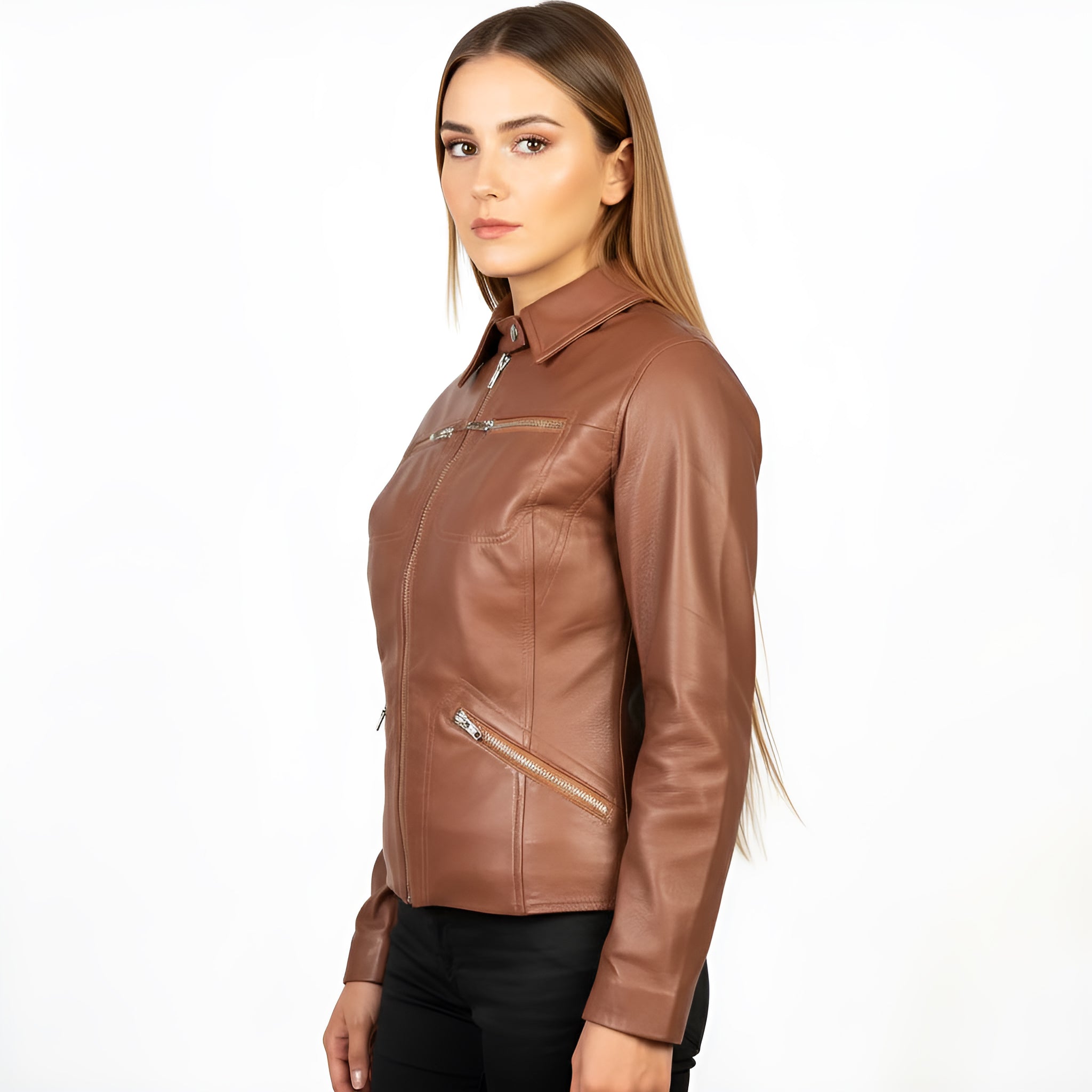 Woman wearing a brown leather jacket on a white background