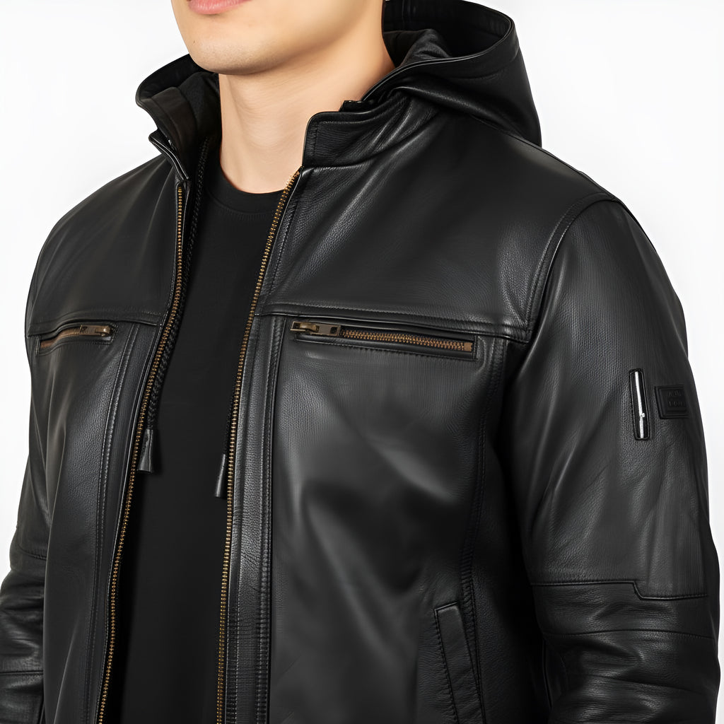 Black leather jacket worn by a person on a white background