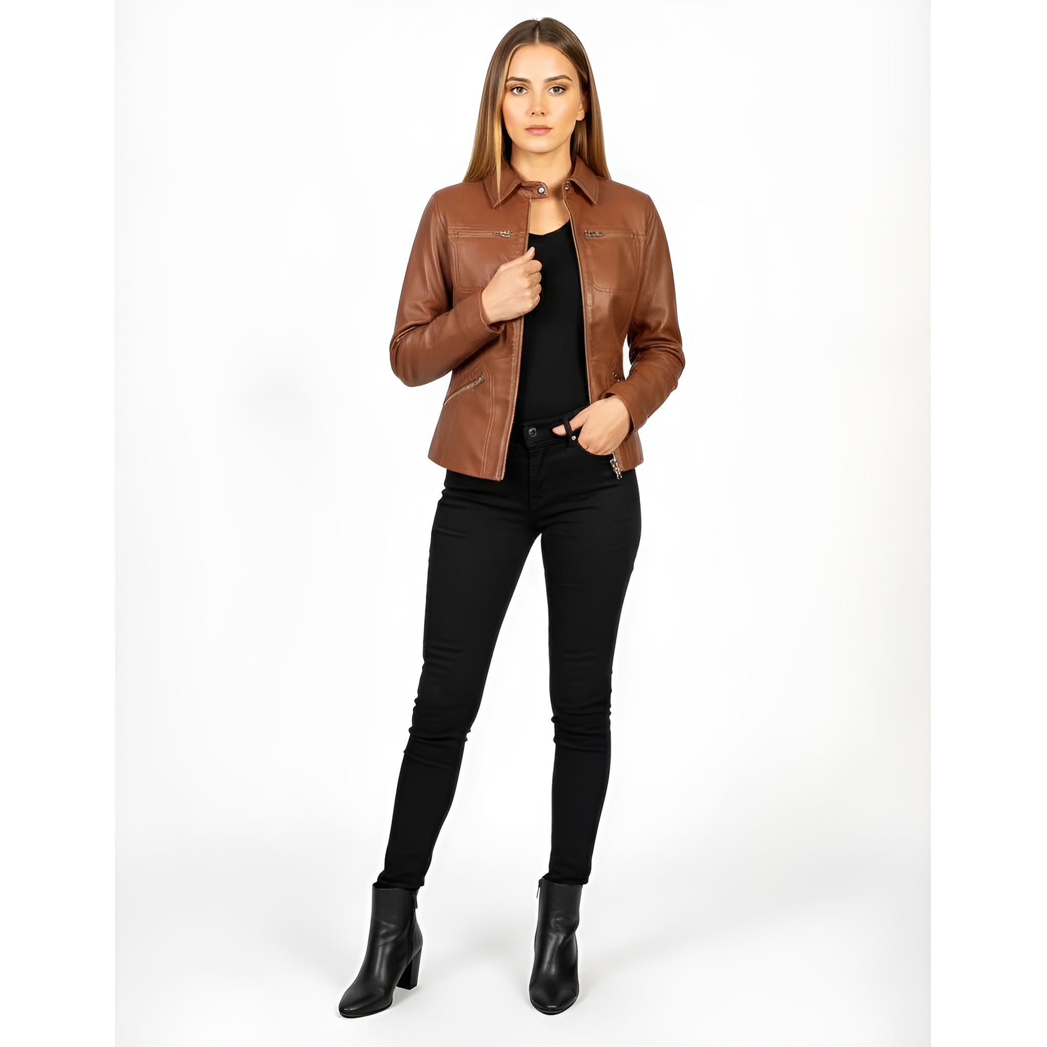 Woman wearing a brown leather jacket and black pants on a white background