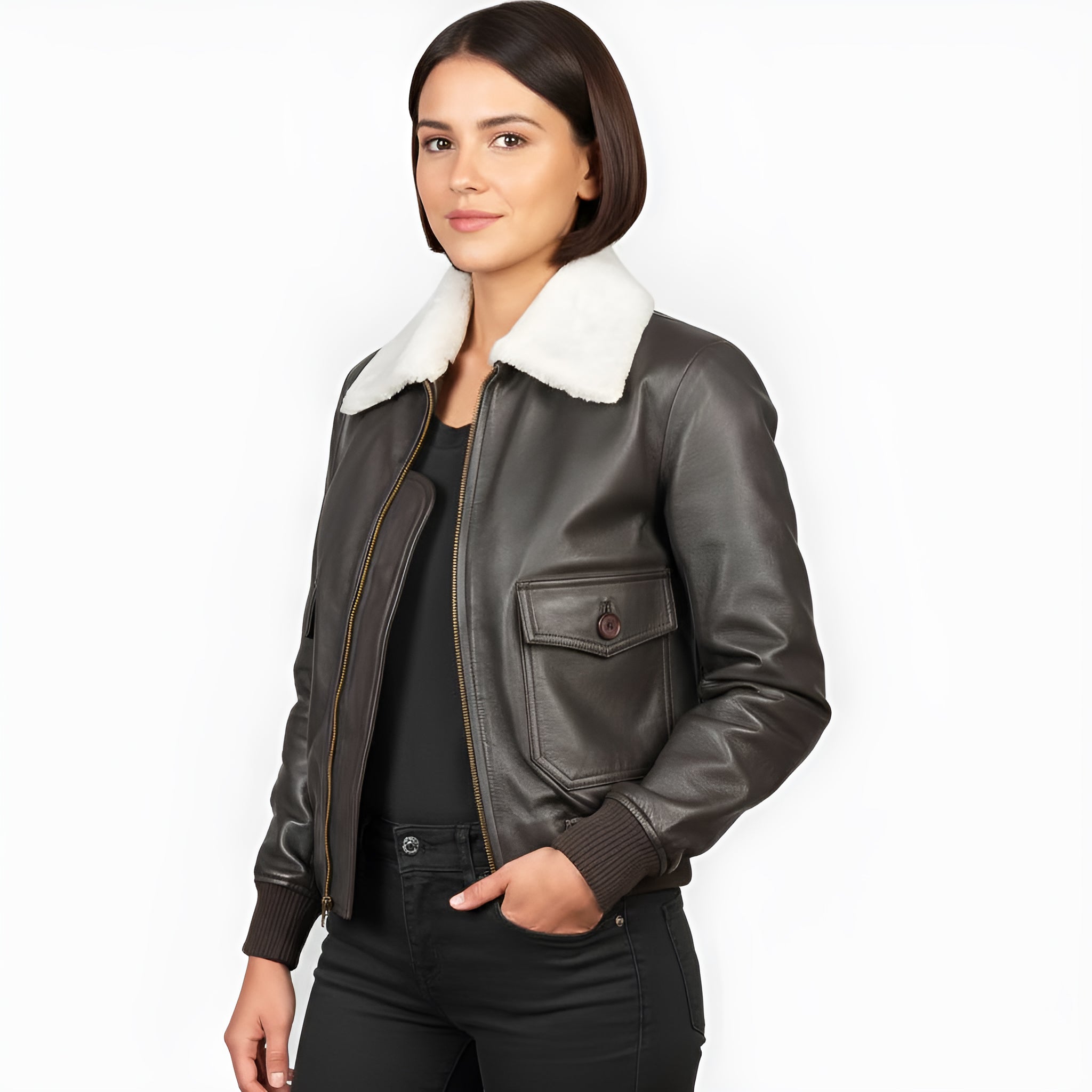 Woman wearing a dark leather jacket with white fur collar on a white background
