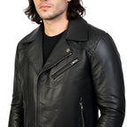 Black leather jacket worn by a person on a white background