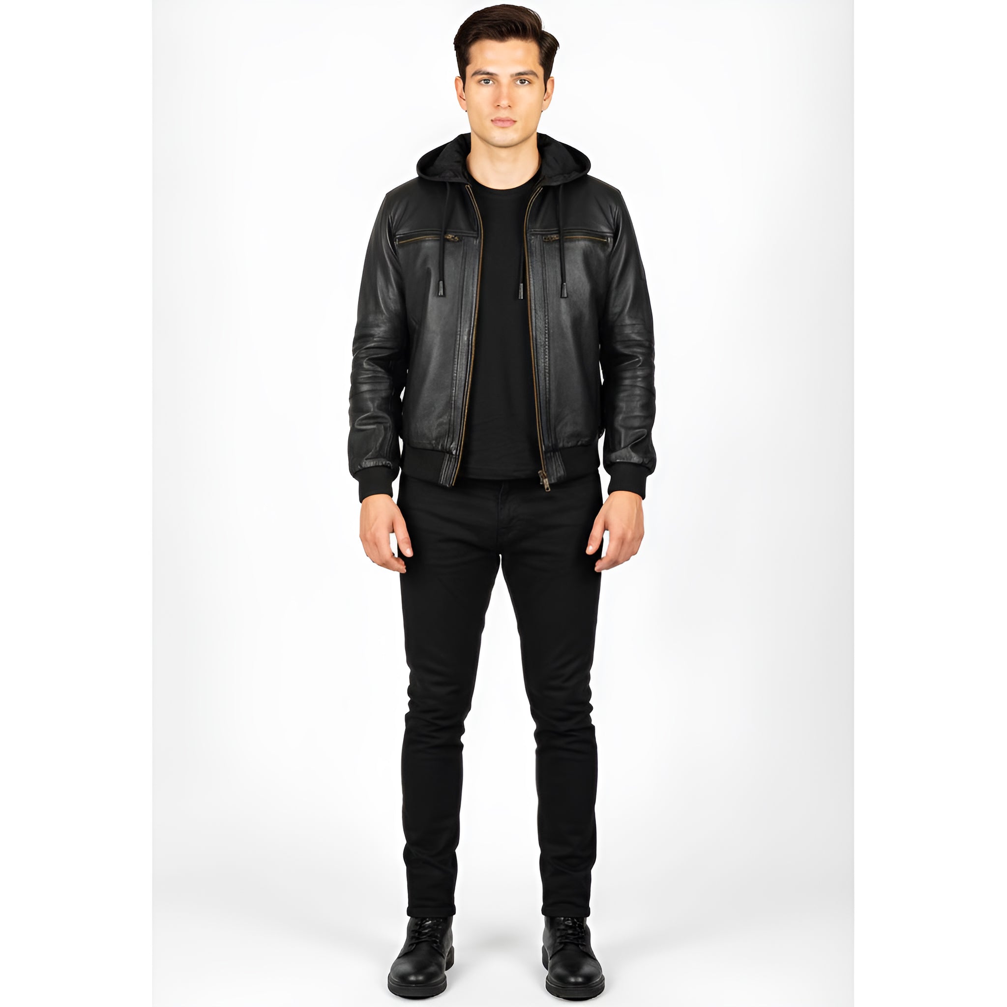 Man wearing a black leather jacket, black shirt, and black pants on a white background