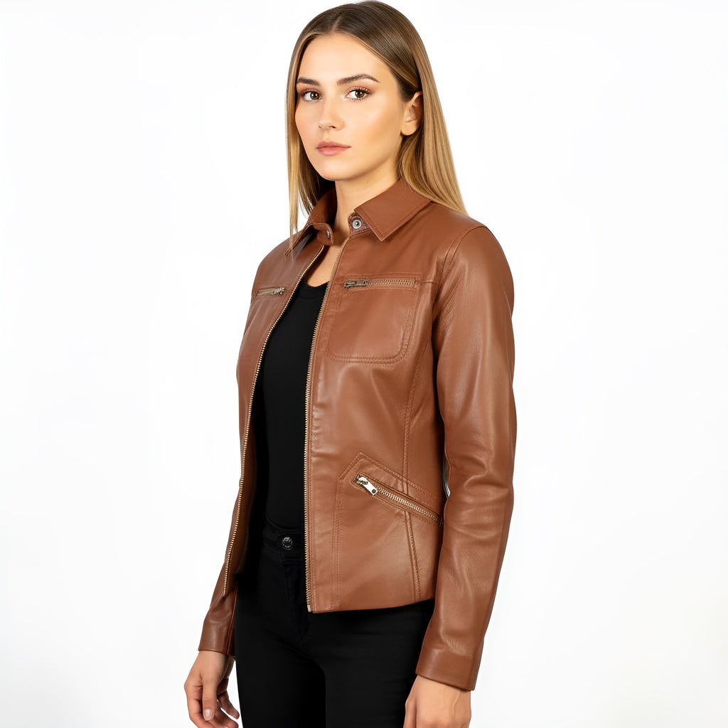 Woman wearing a brown leather jacket on a white background