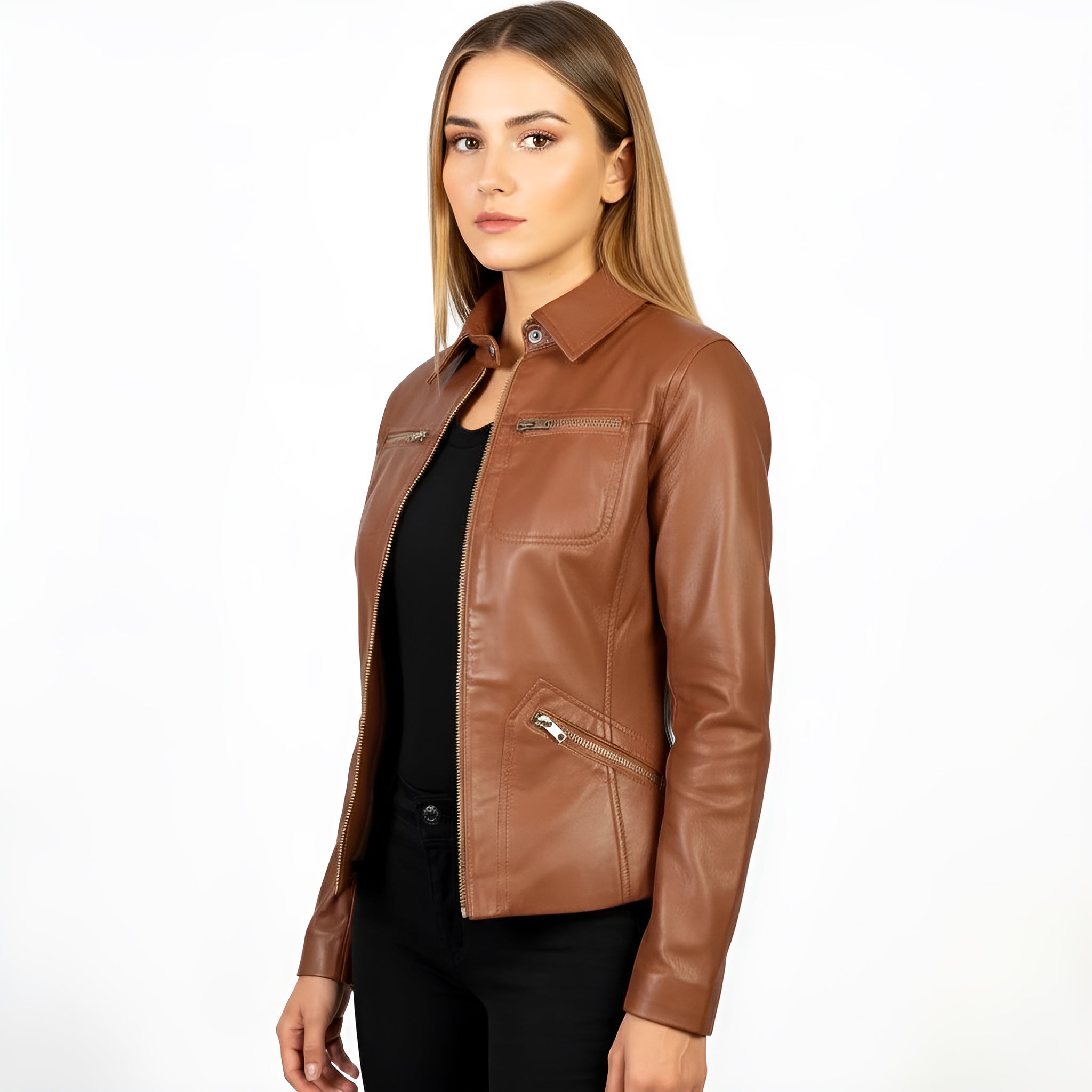 Woman wearing a brown leather jacket on a white background