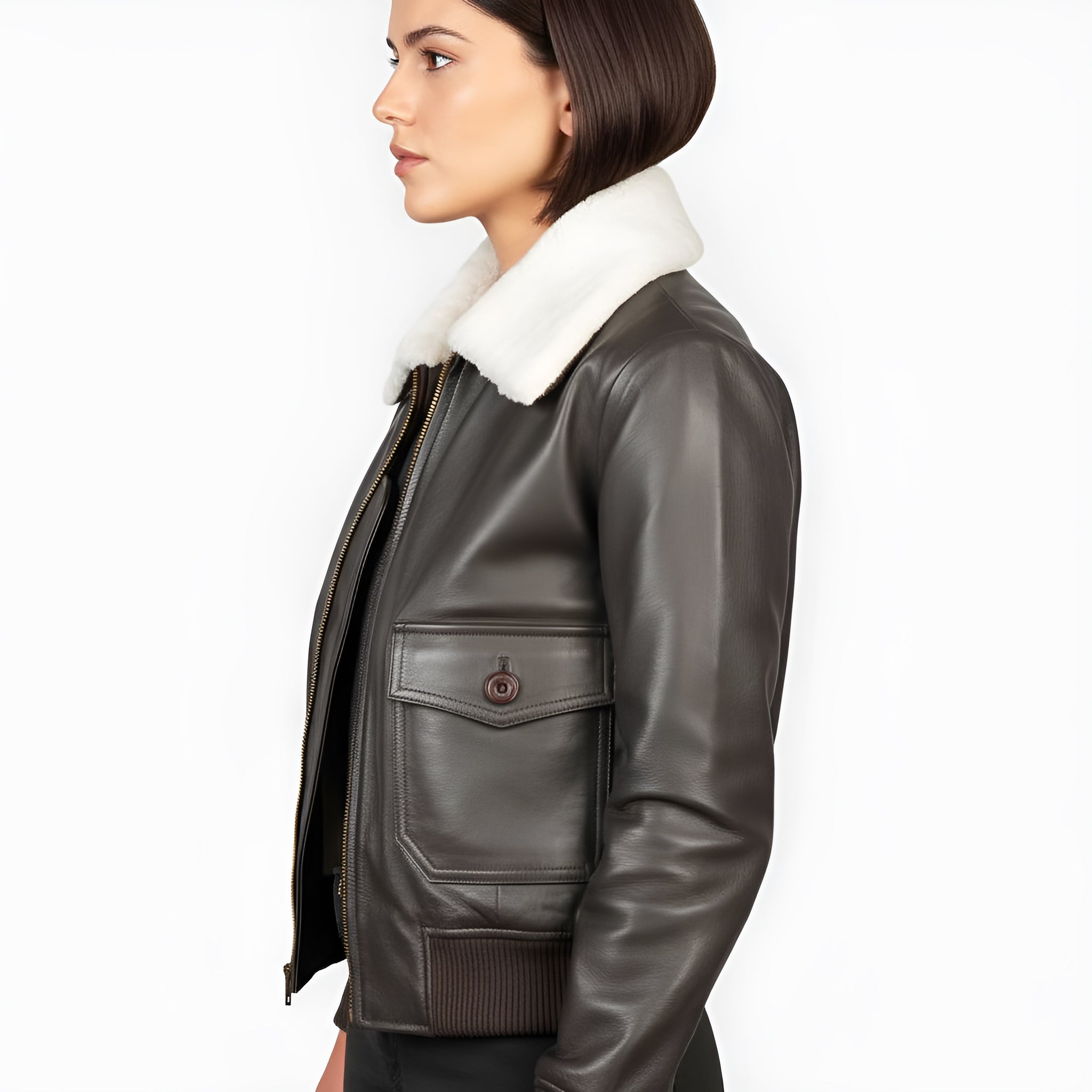 Brown leather jacket with white fur lining worn by a person on a white background
