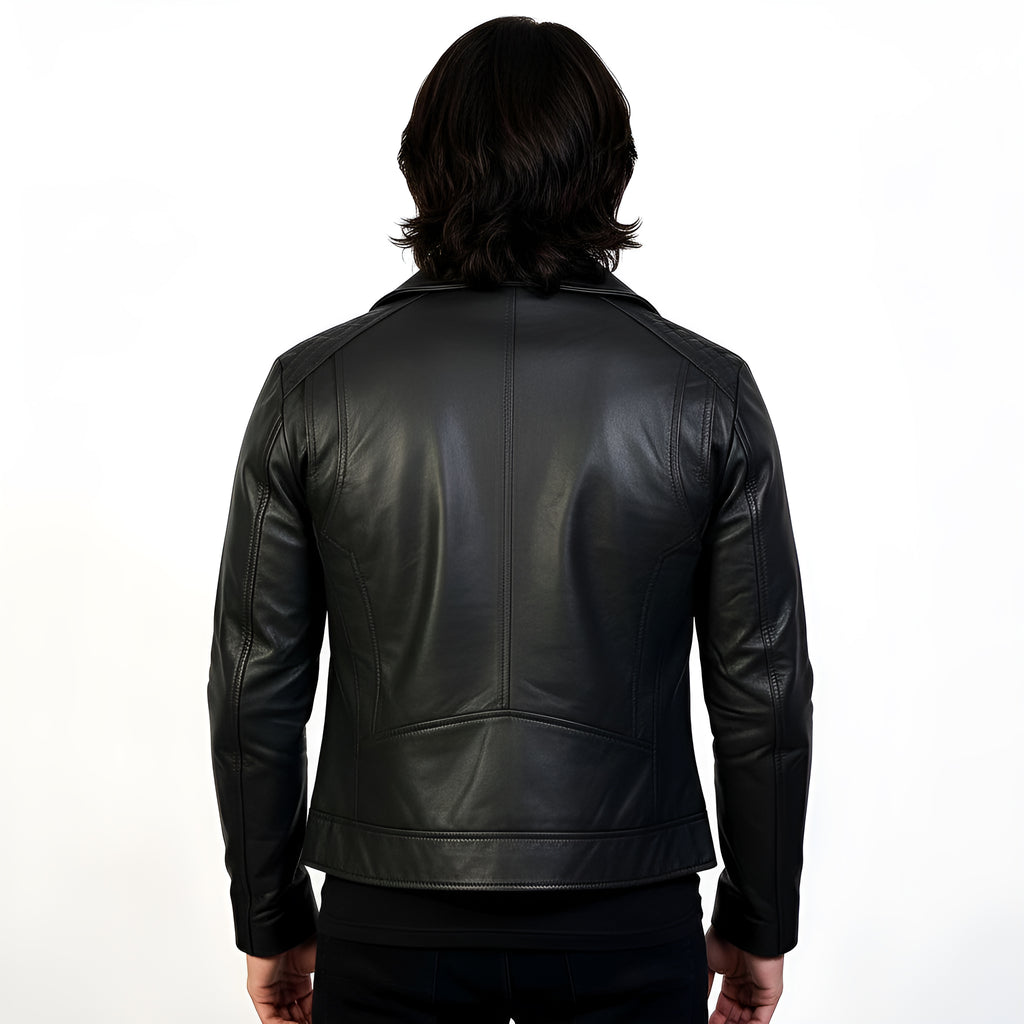 Black leather jacket worn by a person on a white background