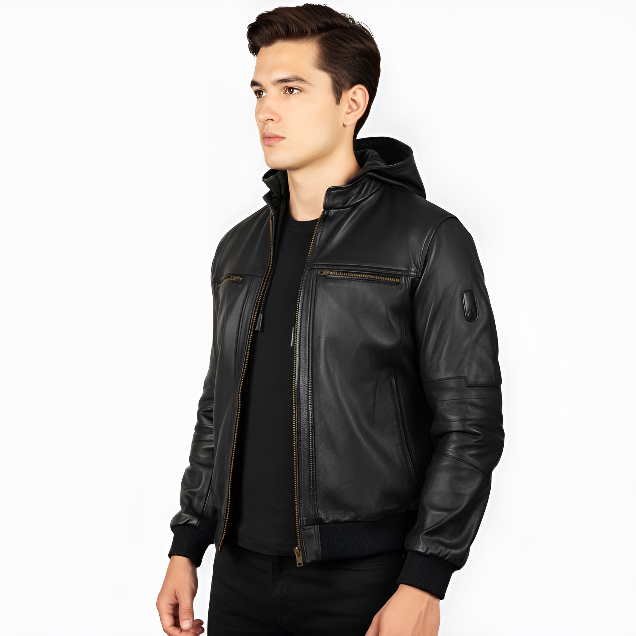 Man wearing a black leather jacket on a white background