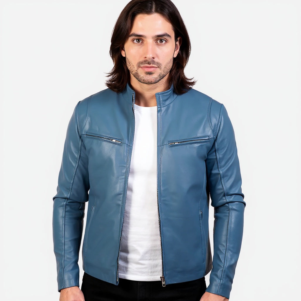 Man wearing a blue leather jacket on a white background