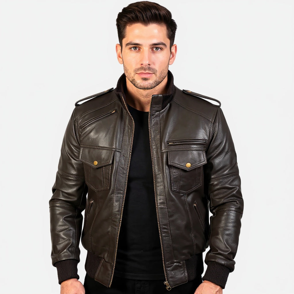 Man wearing a black leather jacket on a white background