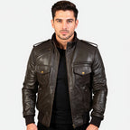 Man wearing a black leather jacket on a white background