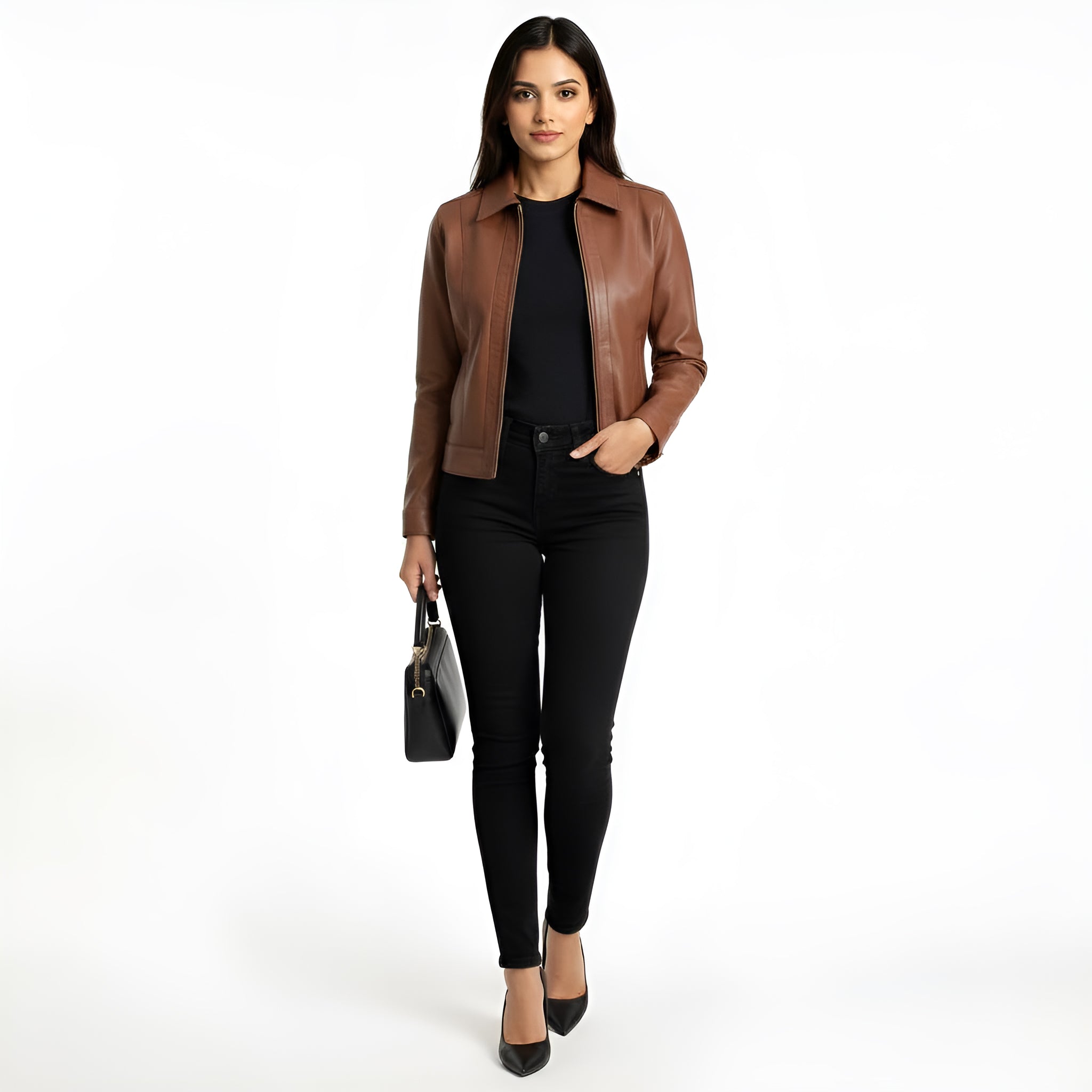 Woman wearing a brown leather jacket and black pants on a white background