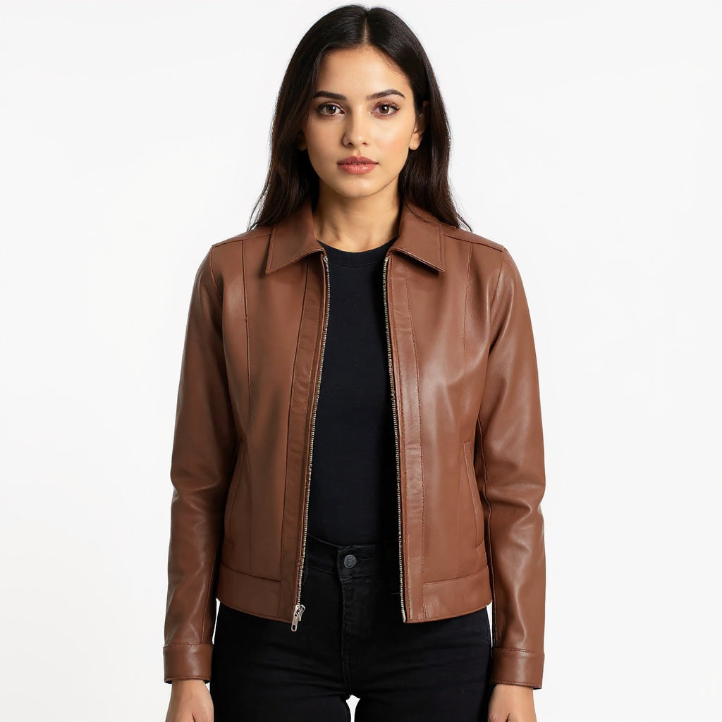 Woman wearing a brown leather jacket on a white background