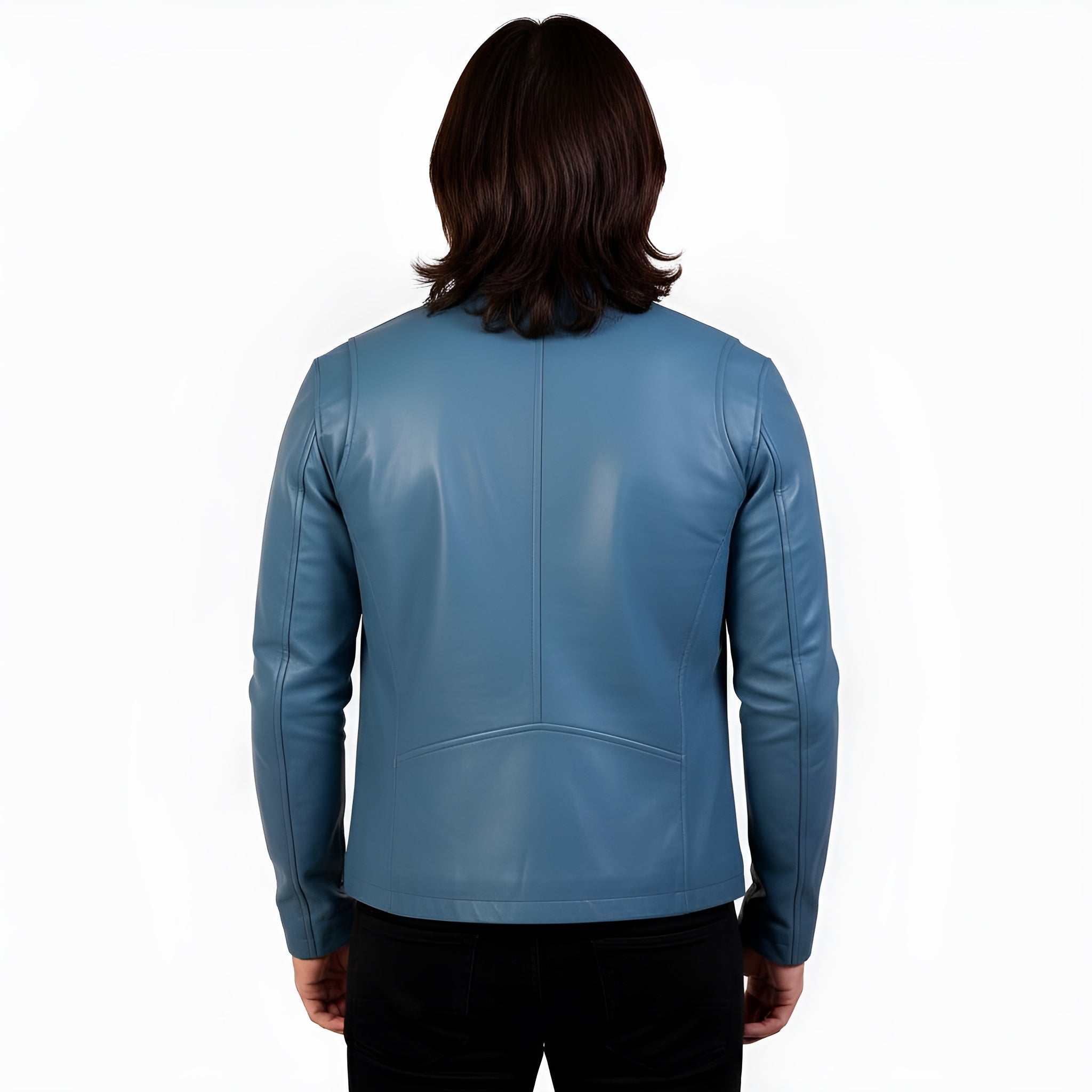 Blue leather jacket worn by a person on a white background