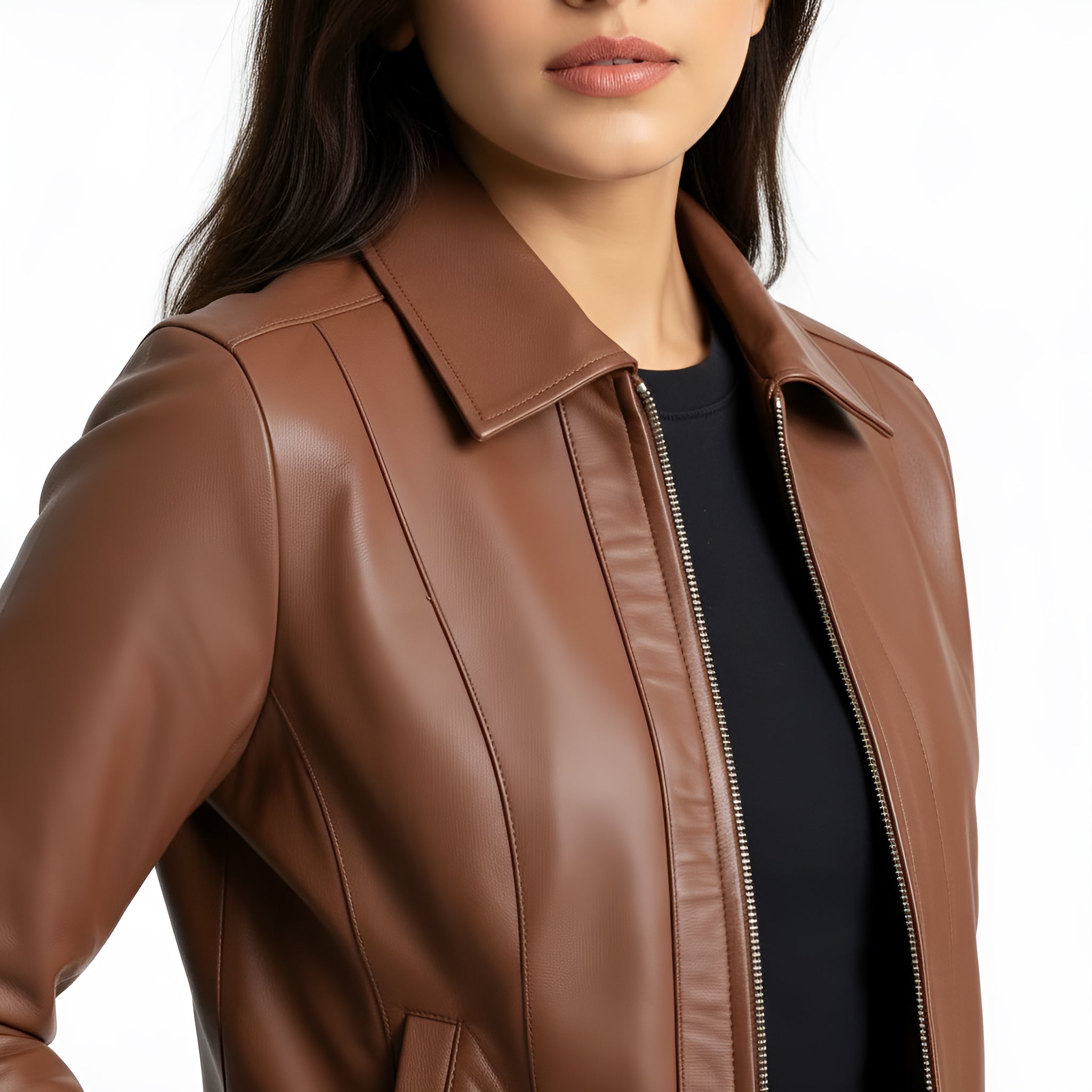Brown leather jacket worn by a person on a white background