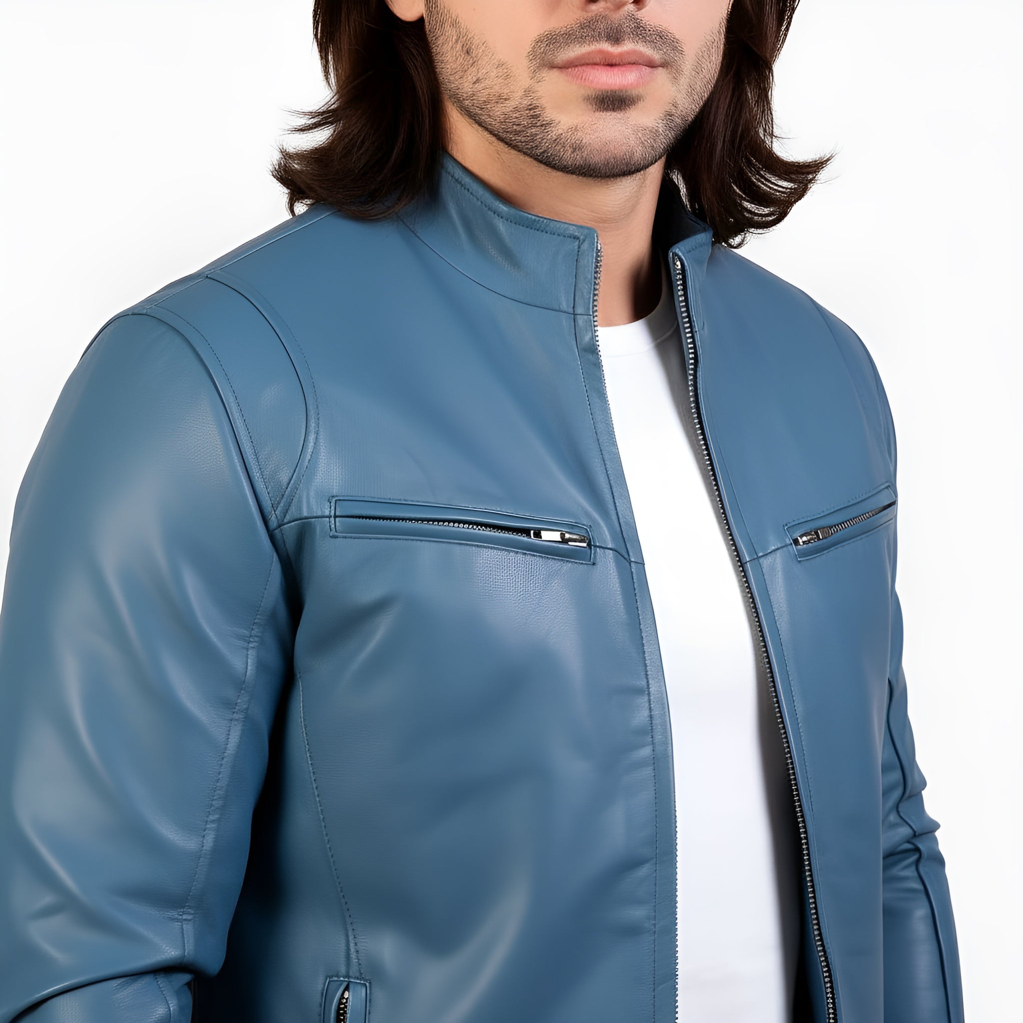 Man wearing a blue leather jacket on a white background