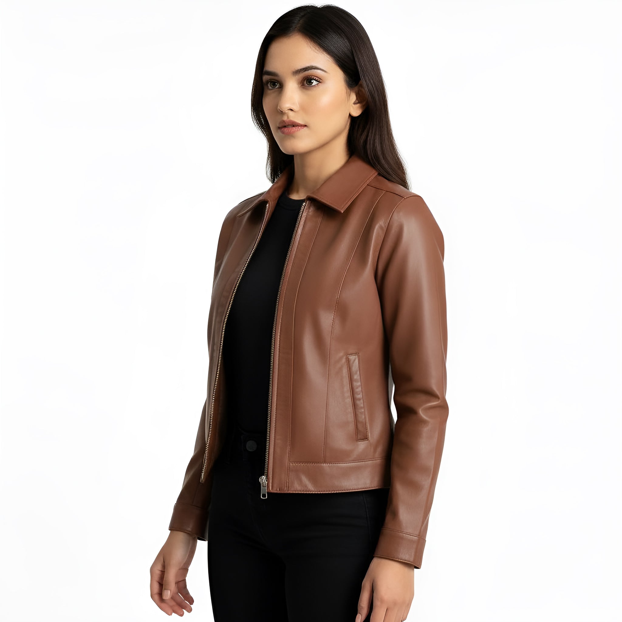 Woman wearing a brown leather jacket on a white background