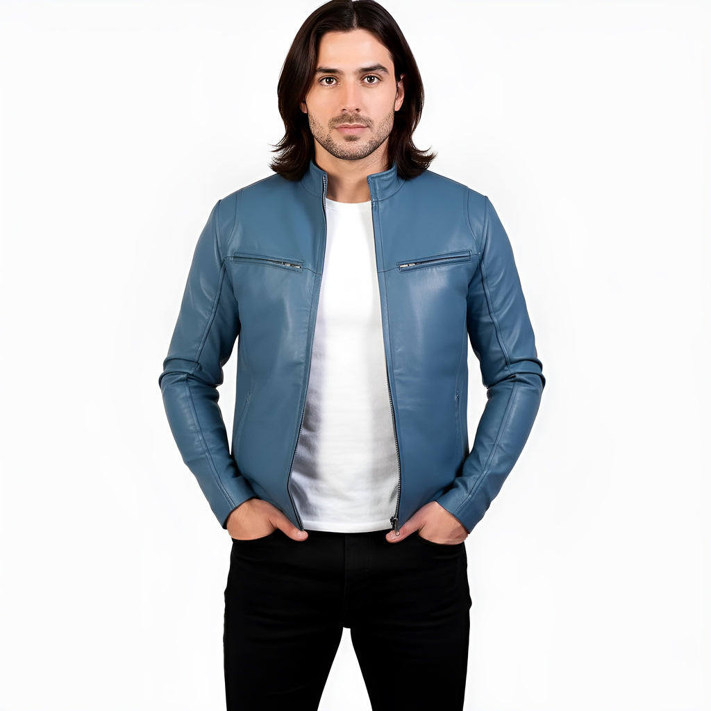 Man wearing a blue leather jacket on a white background