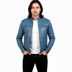Man wearing a blue leather jacket on a white background