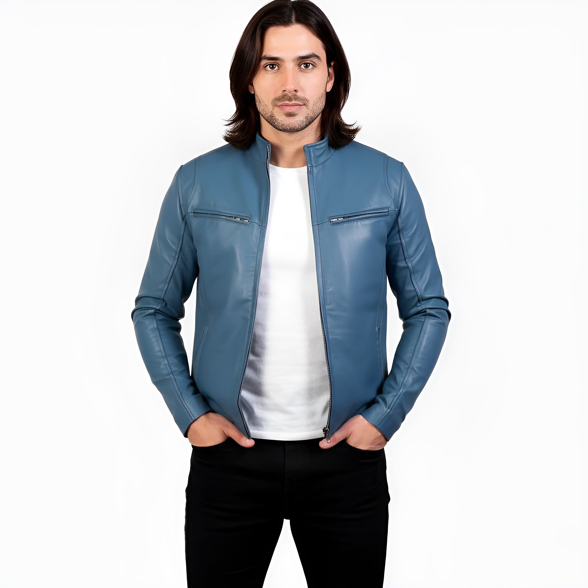 Man wearing a blue leather jacket on a white background