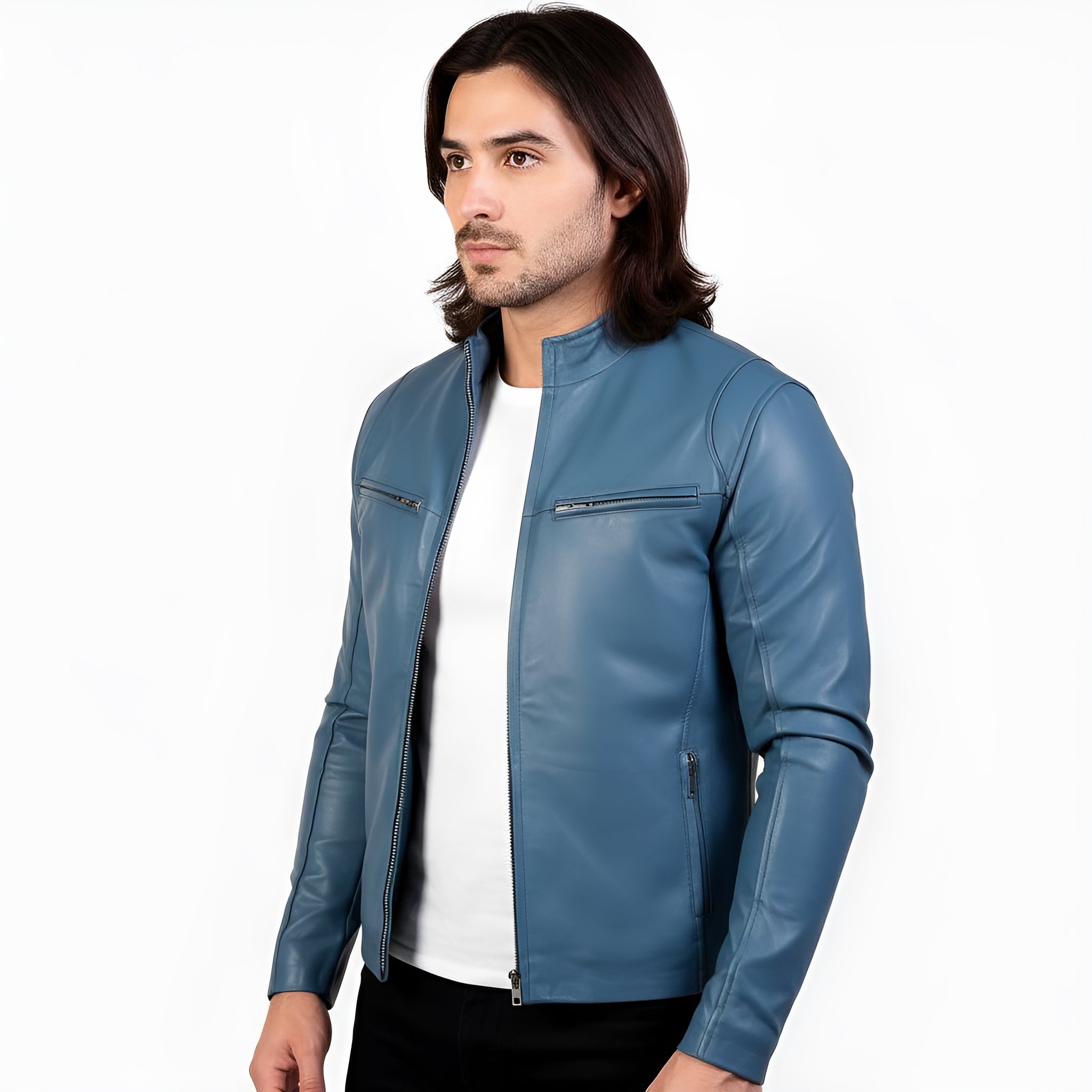 Man wearing a blue leather jacket on a white background